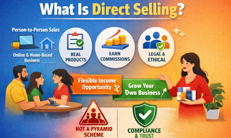 Direct selling explained in India showing direct seller presenting products to customers under legal and ethical business model